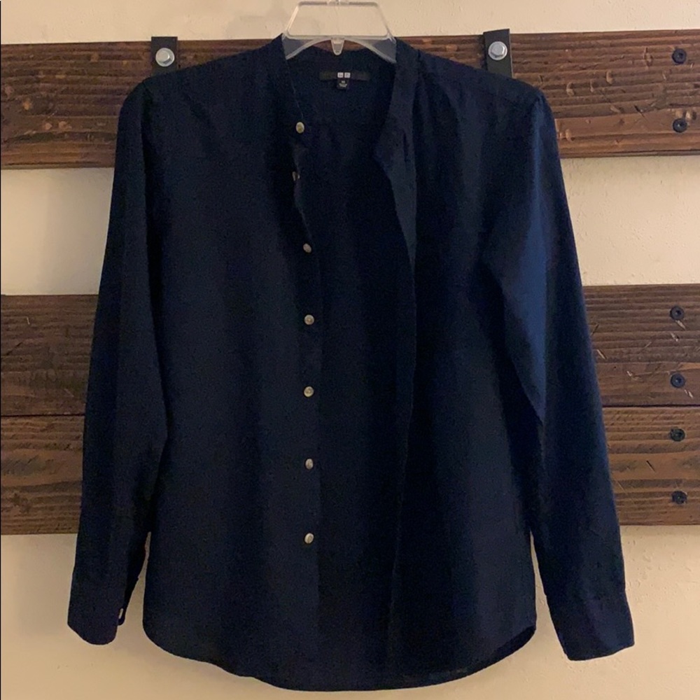 Uniqlo Men Cotton Stand Collar Long Sleeve Shirt